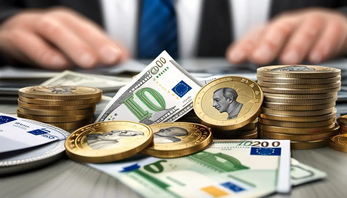 Imagem ilustrativa de uma pessoa utilizando serviços bancários online com uma moeda de euro ao fundo. Descreve os desafios e benefícios de uma conta internacional em euro.